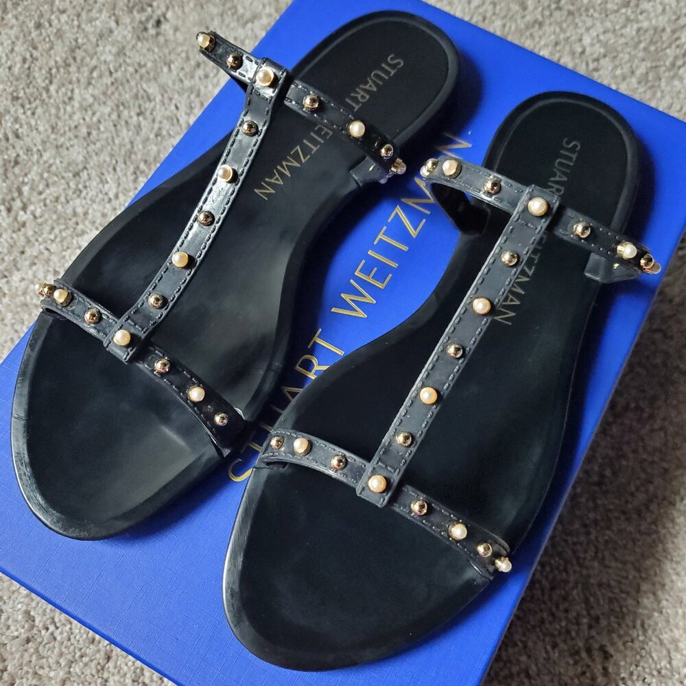 Stuart Weitzman MELLIE PEARLSTUD JELLY SLIDE SANDAL in Nude Studded Size 6